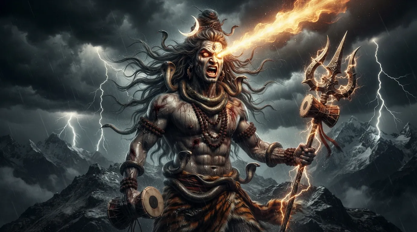 The fierce Rudra avatar of Lord Shiva with glowing third eye in HD.