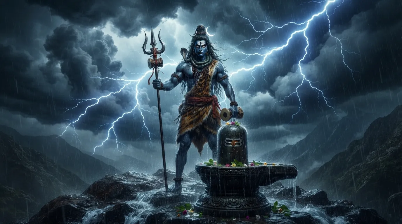 Powerful Rudra form shiv shankar with shivling image with lightning