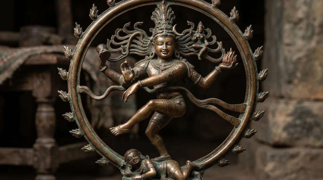 Close-up shot of an antique bronze Chidambaram Nataraja statue with elegant morning typography.
