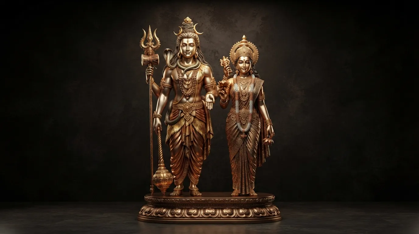 Elegant 3D rendered golden metal sculpture of Shiv Parvati with intricate details.