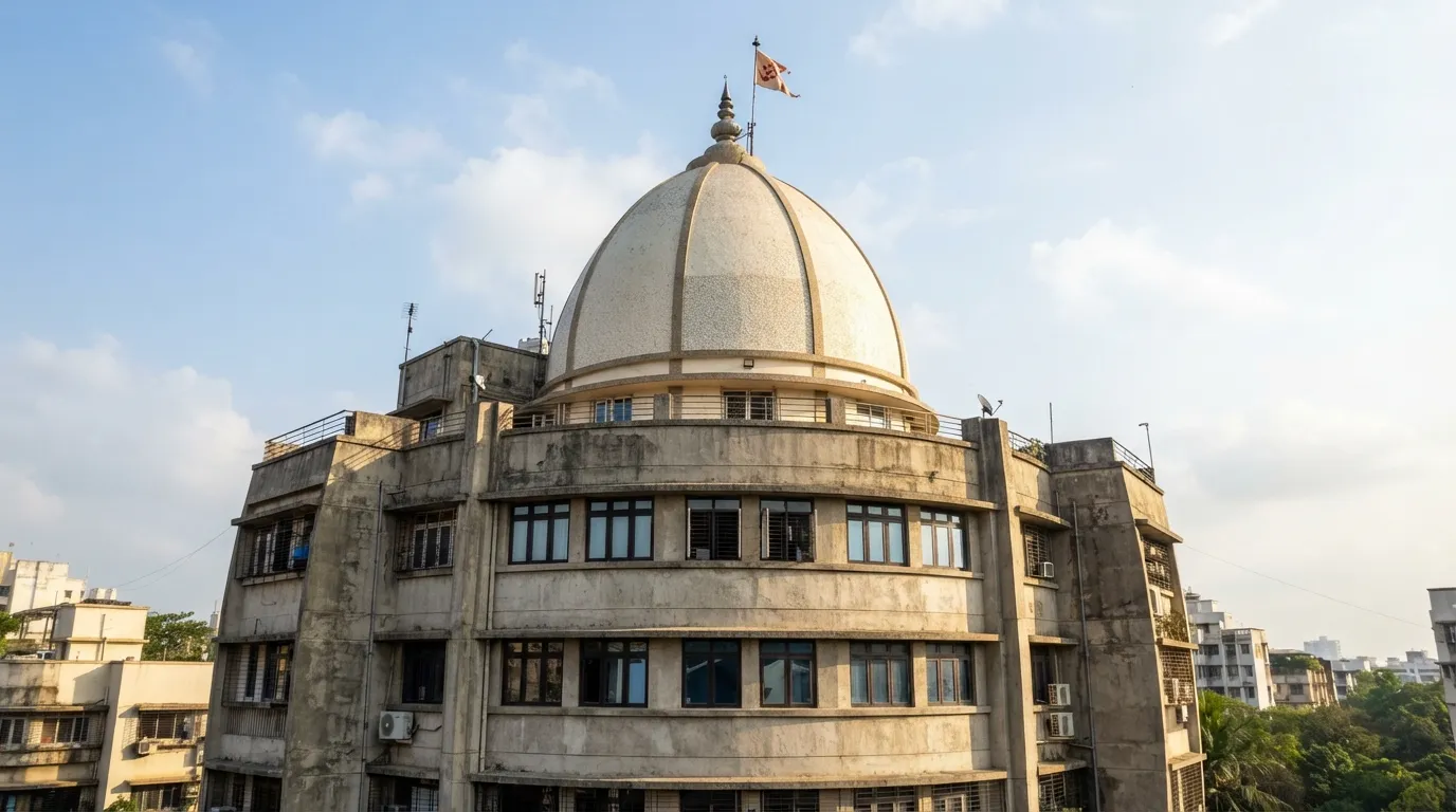 Close-up architectural detail of the upper dome structure of Shivling Building in IC Colony.