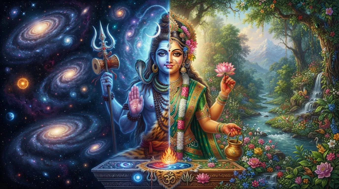 Half cosmic Shiva and Parvati energy form with celestial and natural textures
