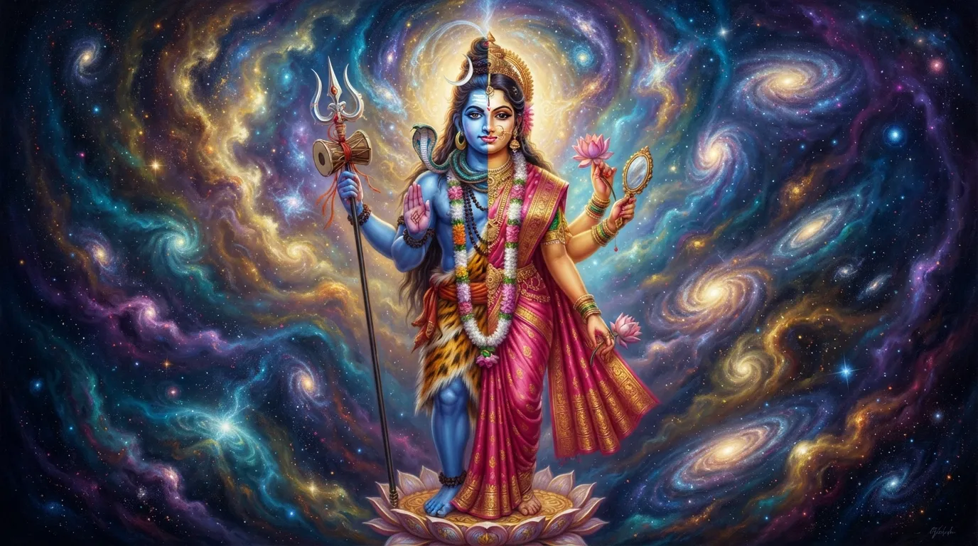 A detailed artistic representation of Ardhanarishvara, the cosmic blend of Shiva and Shakti.