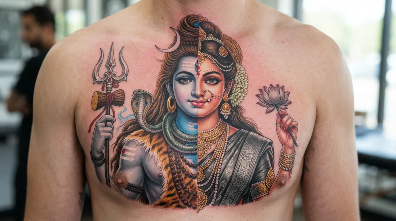 Half Shiva and half Shakti Ardhanarishvara bholenath tattoo photo