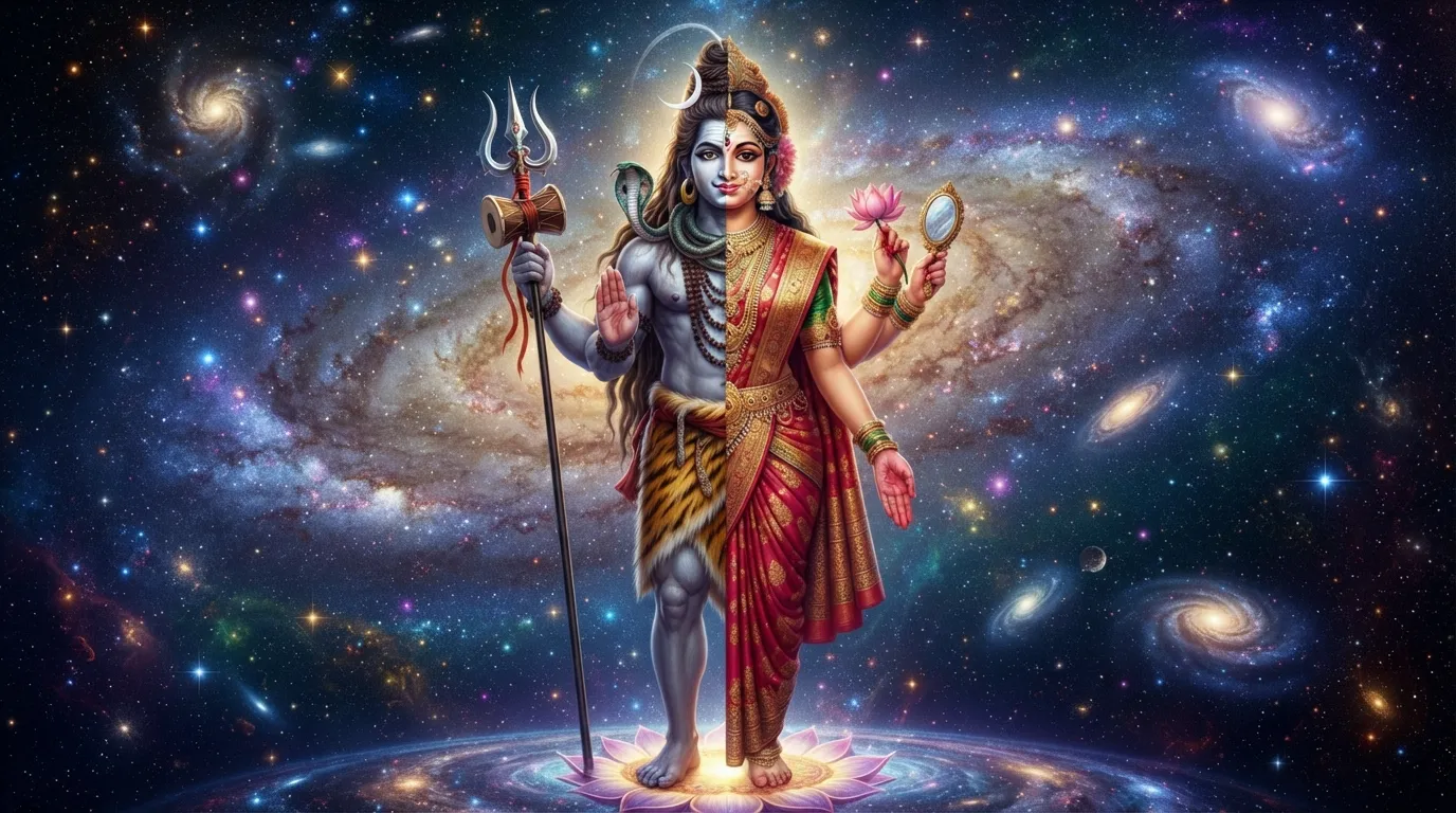 Lord Shiva and Goddess Parvati merged into one divine form, representing the harmony of opposites.