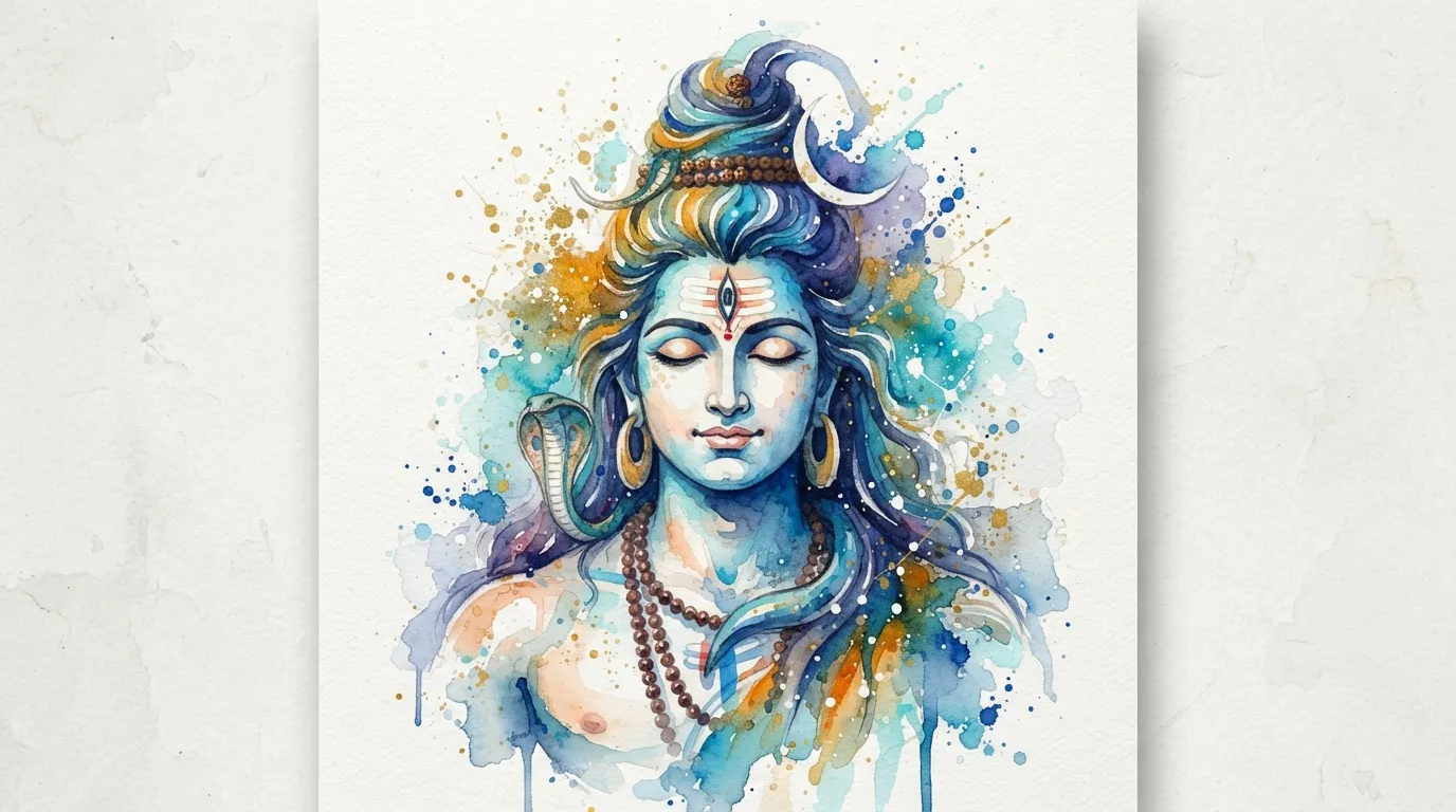 Colorful abstract watercolor painting of Lord Shiva with artistic paint splatters.