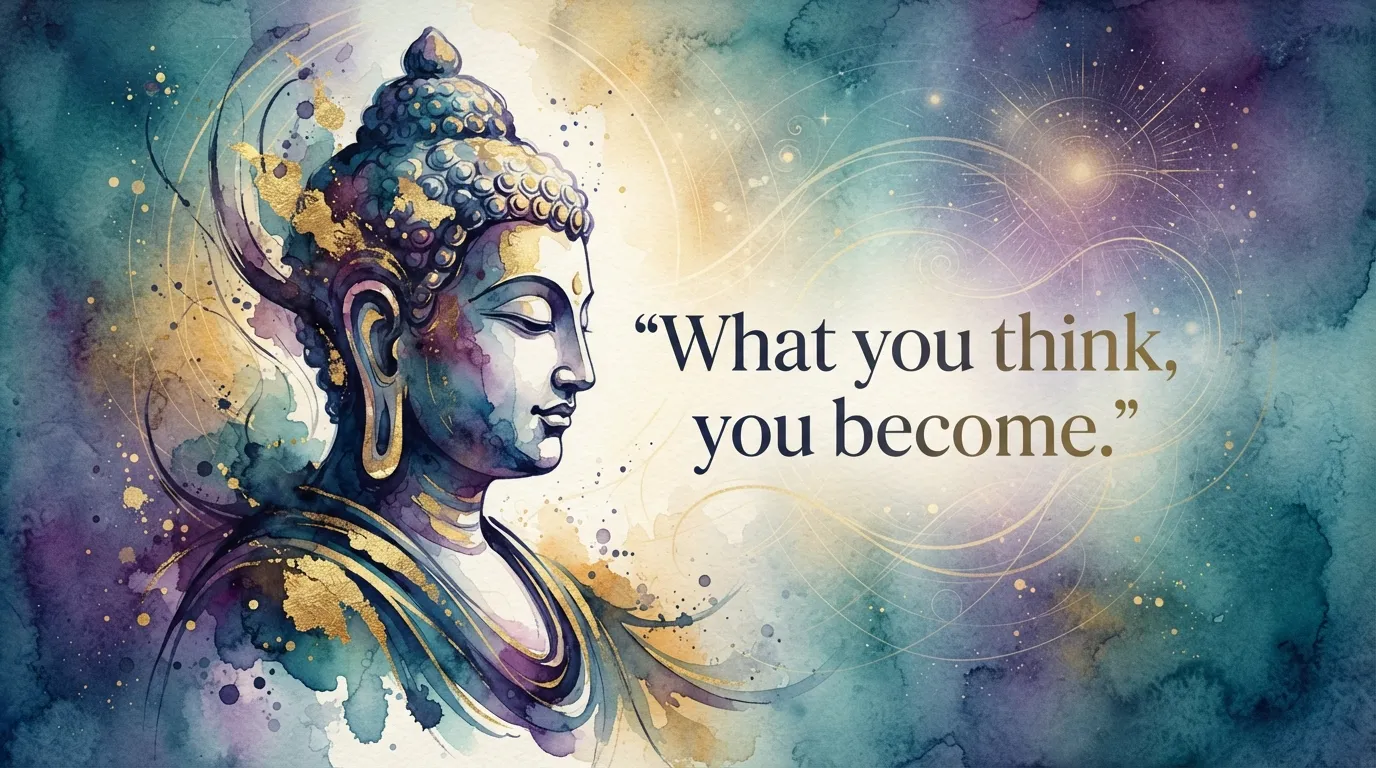An artistic illustration of Buddha with abstract background and "What you think you become" quote.