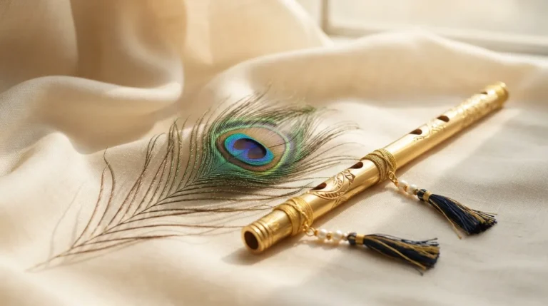 Peacock feather and golden flute with good morning text background