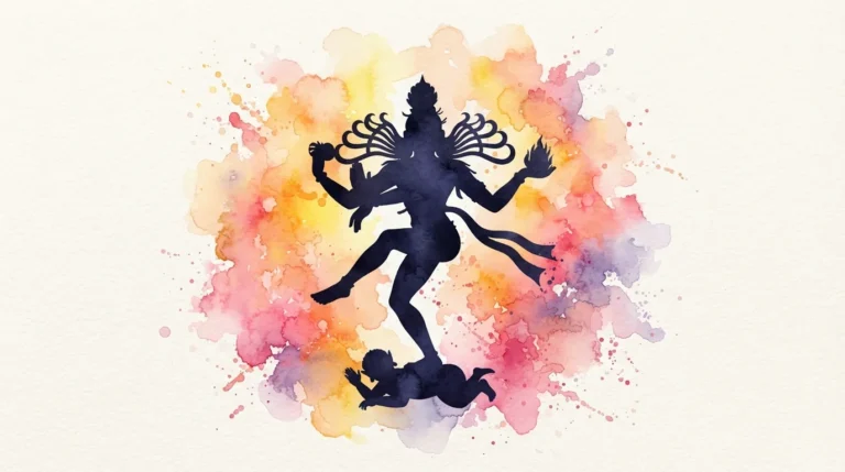 Minimalist watercolor silhouette painting of Nataraja on a colorful background