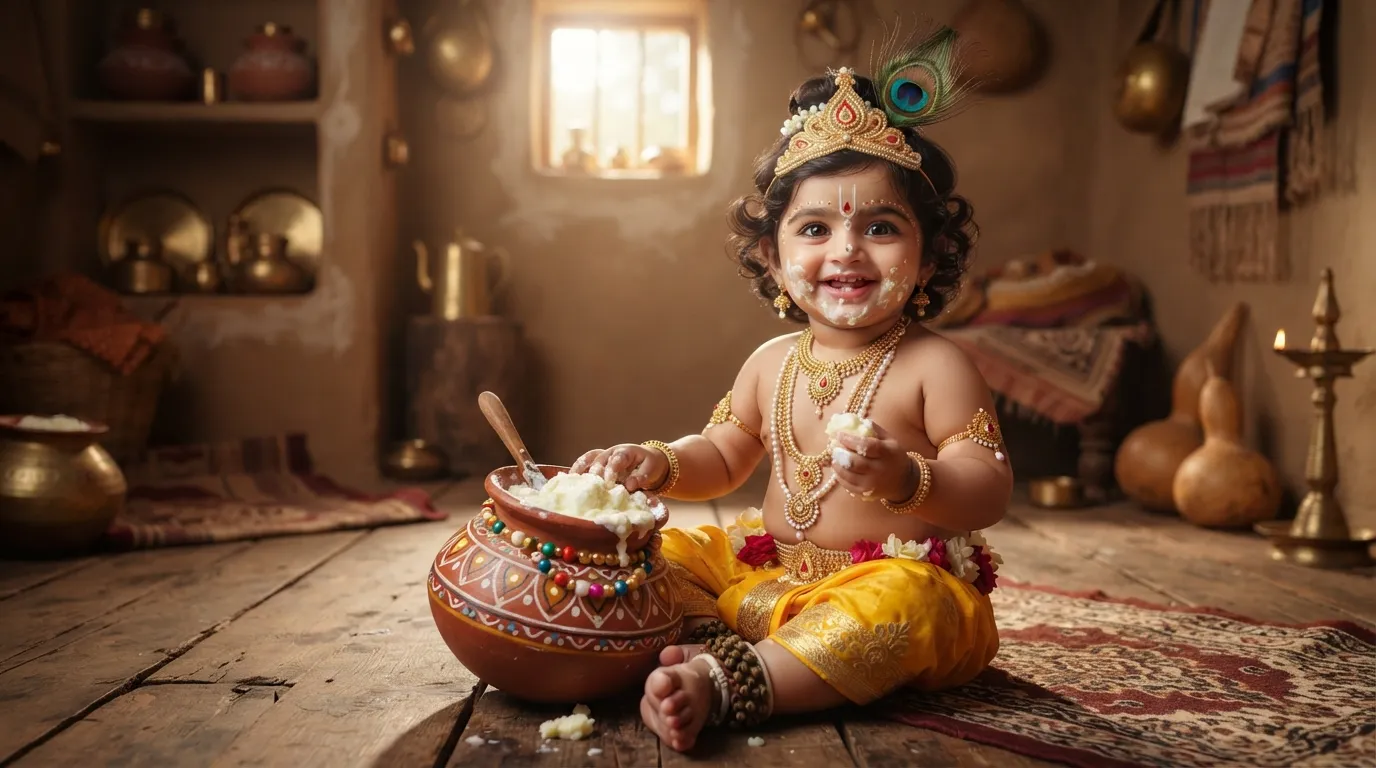 Cute Little Baby Krishna eating butter good morning blessings