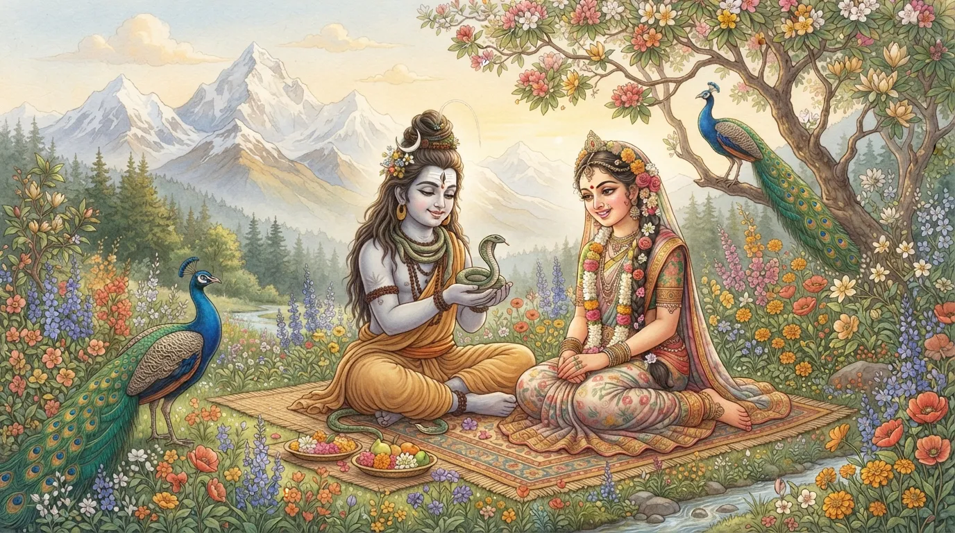 A depiction of child Shiva and Parvati interacting with a serpent.