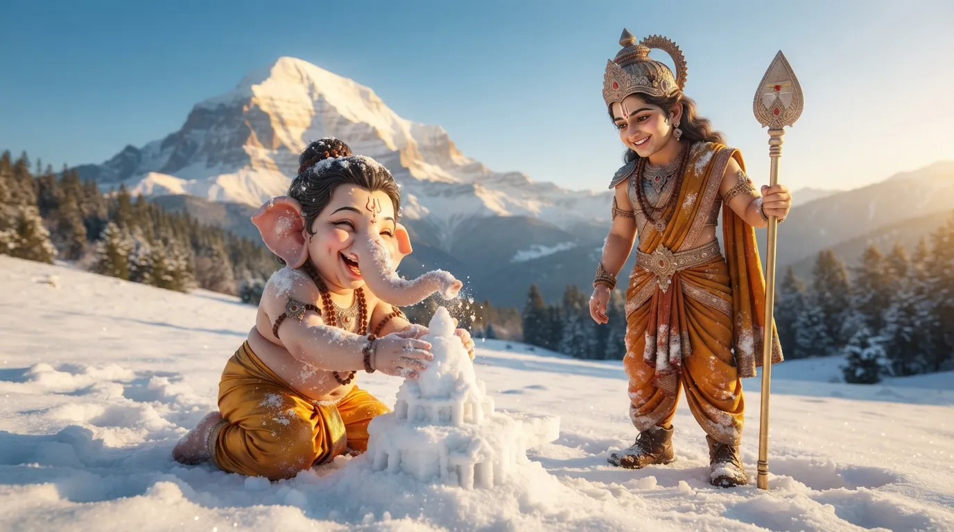 Young Ganesha and Kartikeya playing joyfully in the snow with Mount Kailash in the background.