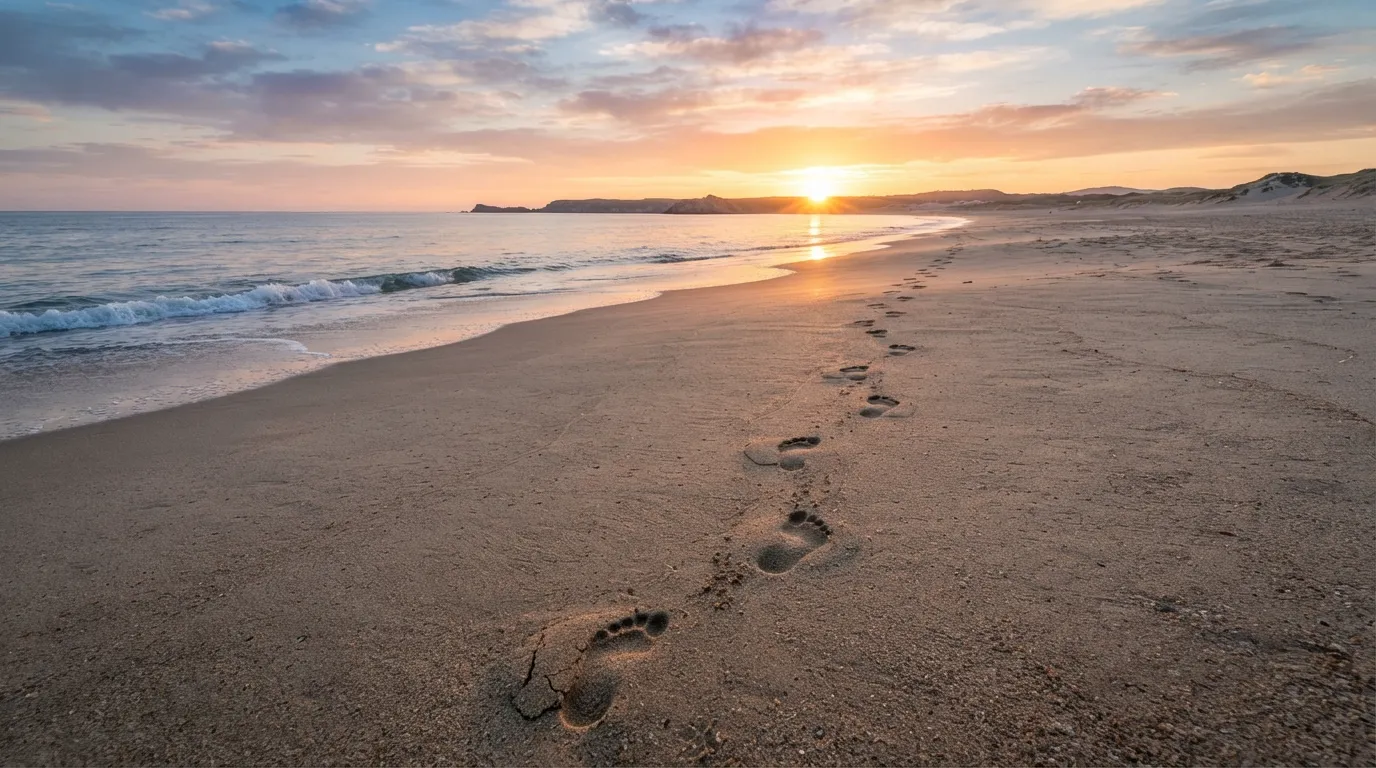 Footprints on a sandy beach leading toward a golden sunrise