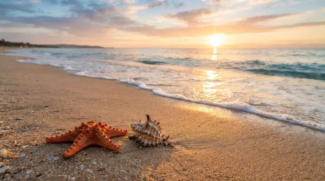 Serene beach sunrise with a starfish representing friend good morning images