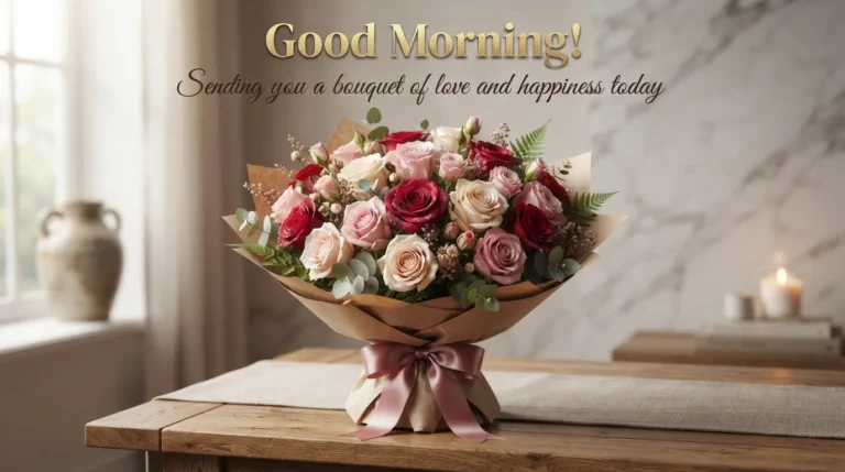 A large bouquet of mixed colorful roses with a premium English morning greeting.