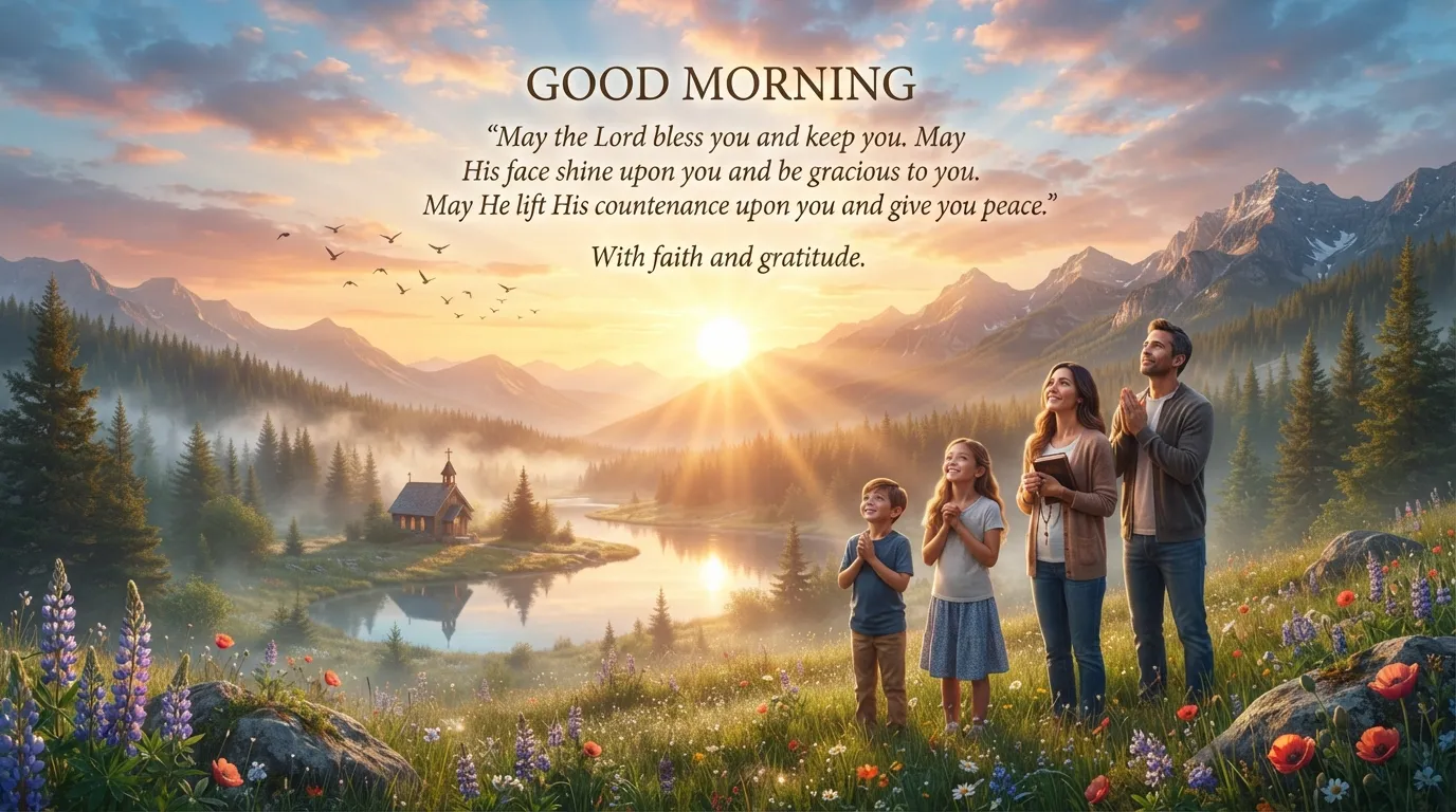 A serene morning background with a divine deity silhouette and a bright, peaceful sunrise.