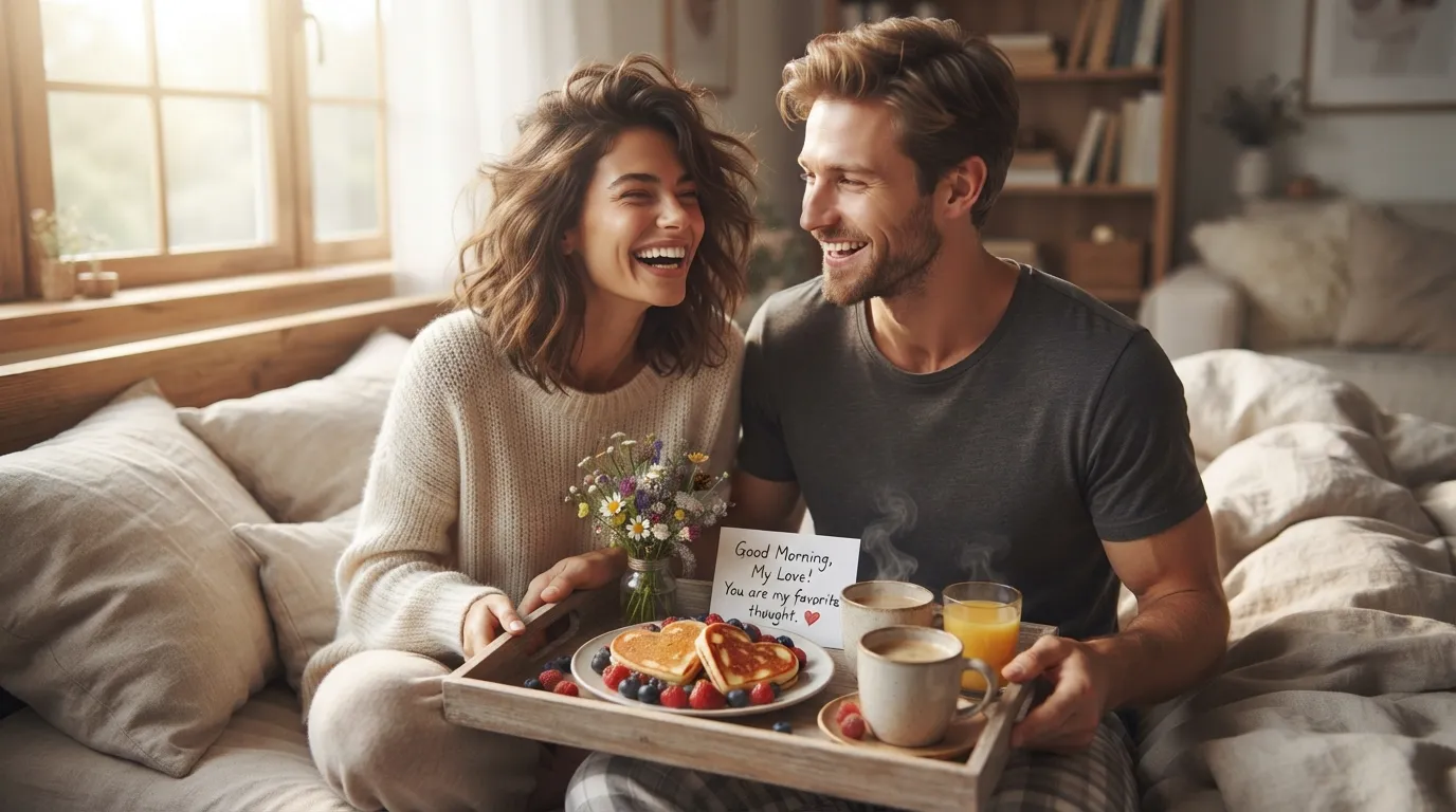 Romantic good morning image with red roses, coffee, and a love note for your partner.