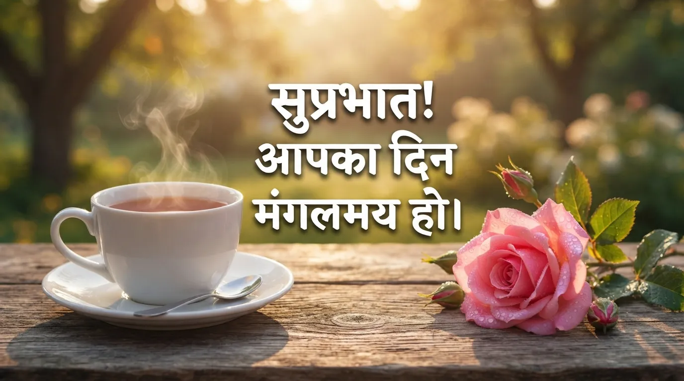 Good Morning Images for WhatsApp with Hindi quote on a tea cup and pink rose background.