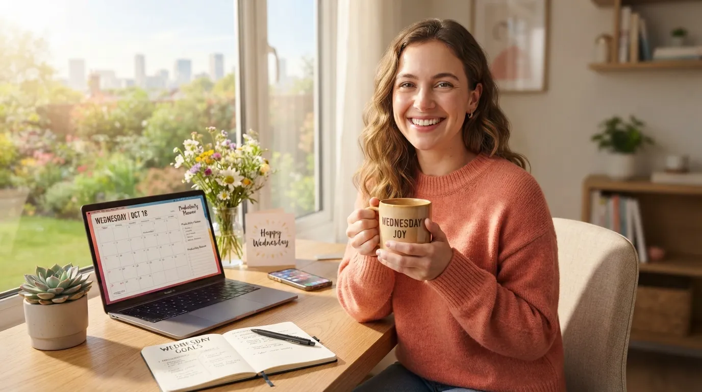 A bright and cheerful good morning Wednesday image with a fresh cup of coffee and beautiful spring flowers on a wooden table.