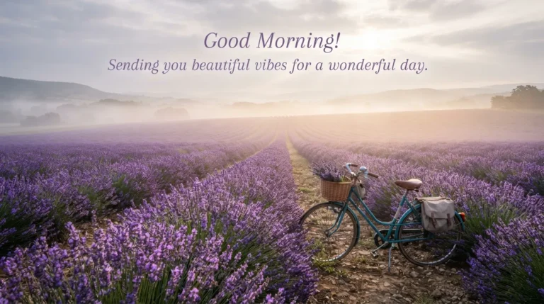 Special beautiful good morning images with a blooming purple lavender field at sunrise.
