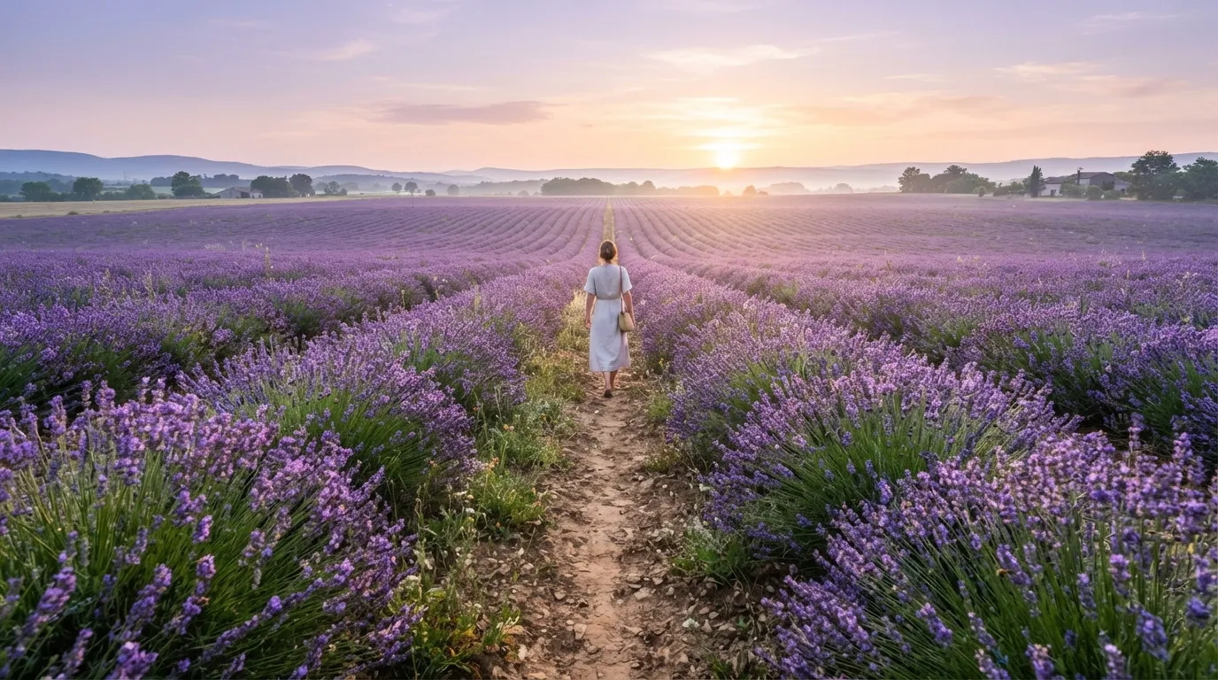 A beautiful walking path through a purple lavender field in the morning sun.