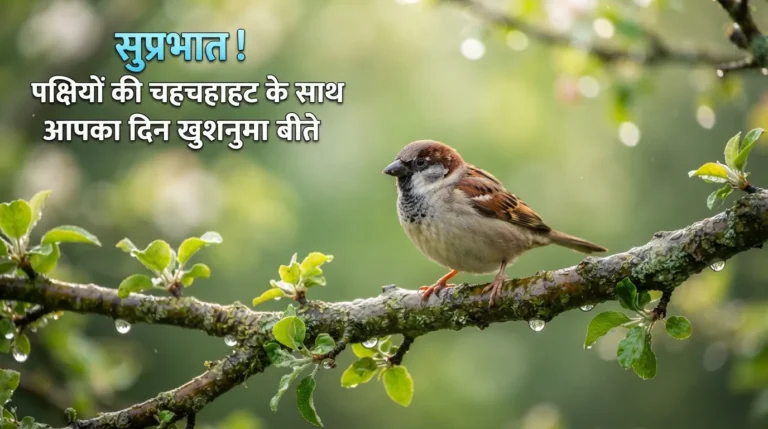 A small colorful bird sitting on a tree branch covered in morning dew drops with Hindi text.