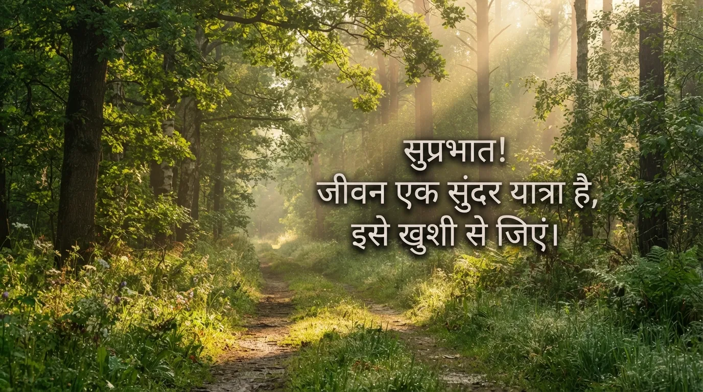 Beautiful path in a green forest covered with morning dew and Hindi quote.