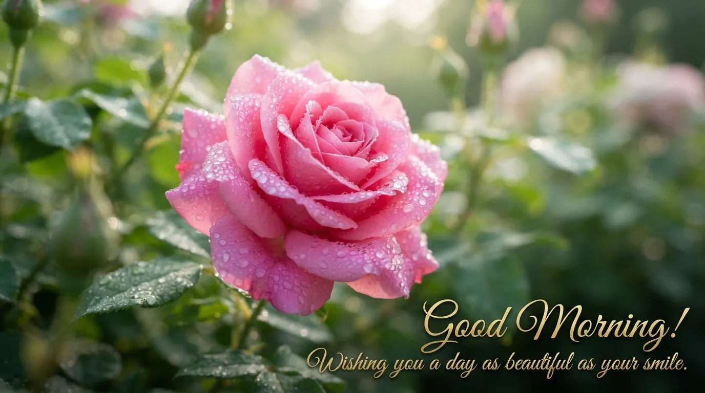Special beautiful good morning images featuring a fresh pink rose with morning dew drops.