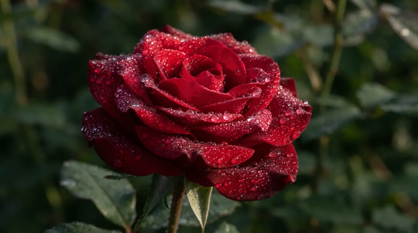 A single deep red rose blooming with morning dew in high definition.