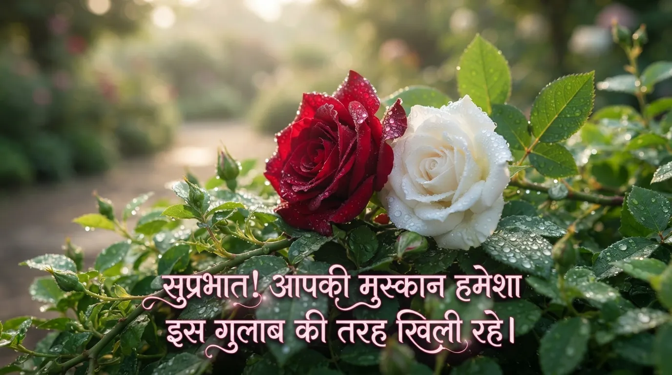 Two roses, one red and one white, side by side with a sweet Hindi morning wish.