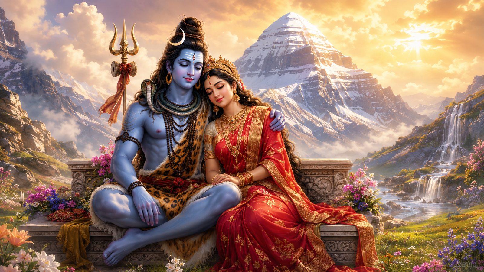 Beautiful divine couple Lord Shiv Bholenath and Goddess Parvati sitting together in Kailash
