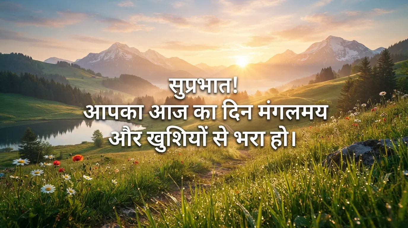 Sunrise behind green hills with a beautiful Good Morning quote in Hindi.