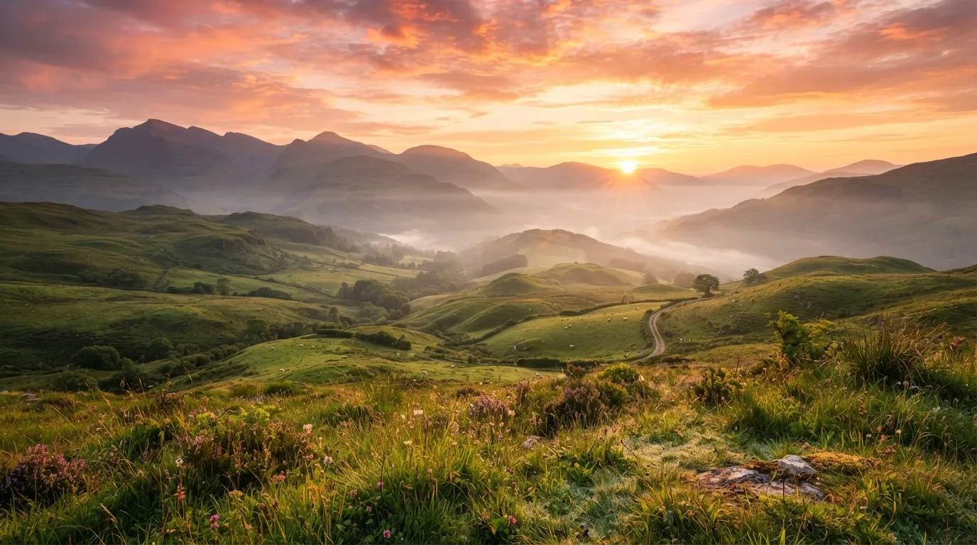 Sunrise over misty green hills representing today good morning images for inspiration.