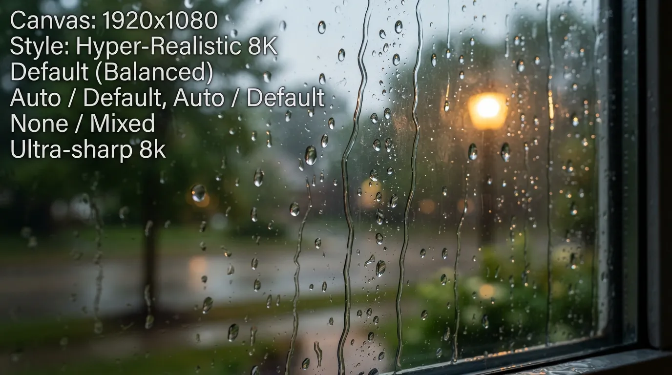 Close up of raindrops on a glass window with a warm blurry background and morning typography.