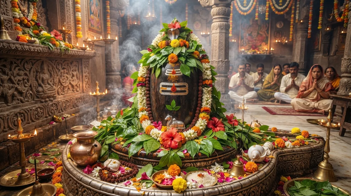 Ek Bholenath Shivling jis par belpatra, ful, aur anya pavitra vastuen chadhi hui hain.