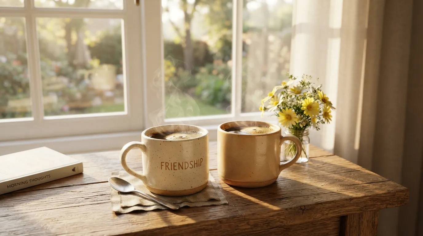 Two coffee mugs on a sunny table for a friend good morning images post