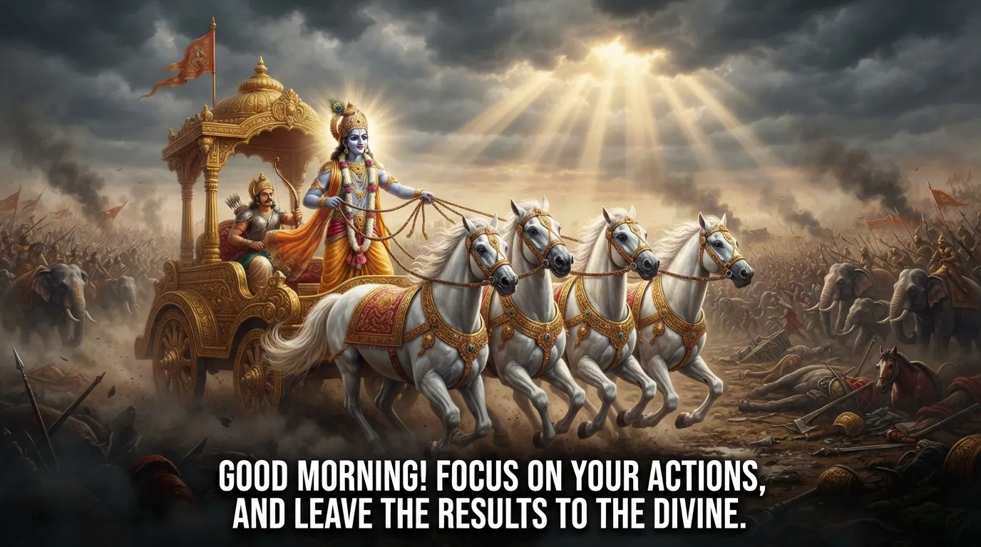 Lord Krishna as the charioteer Parthasarthy guiding Arjun with positive quote.