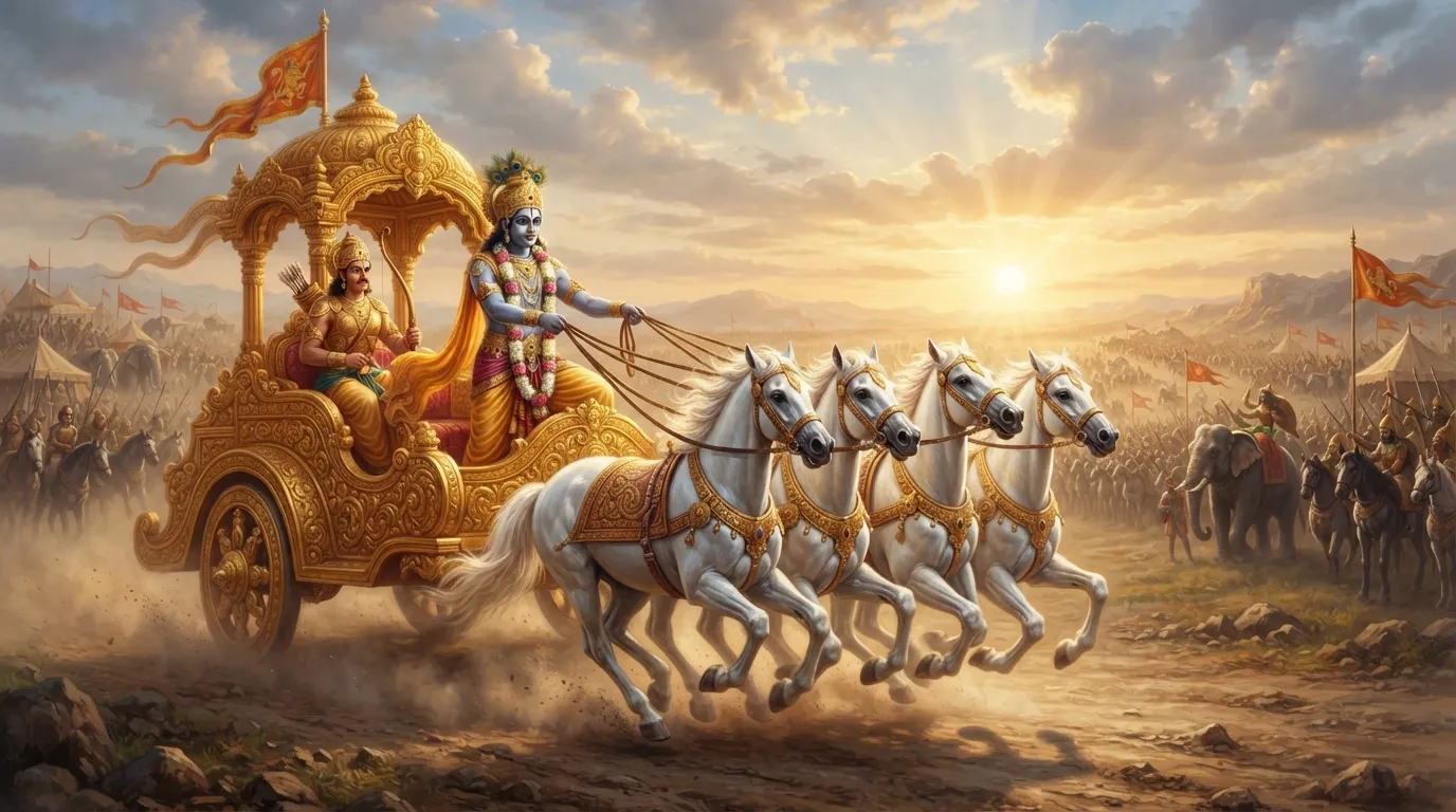 Lord Krishna driving chariot in Gita teachings good morning wish