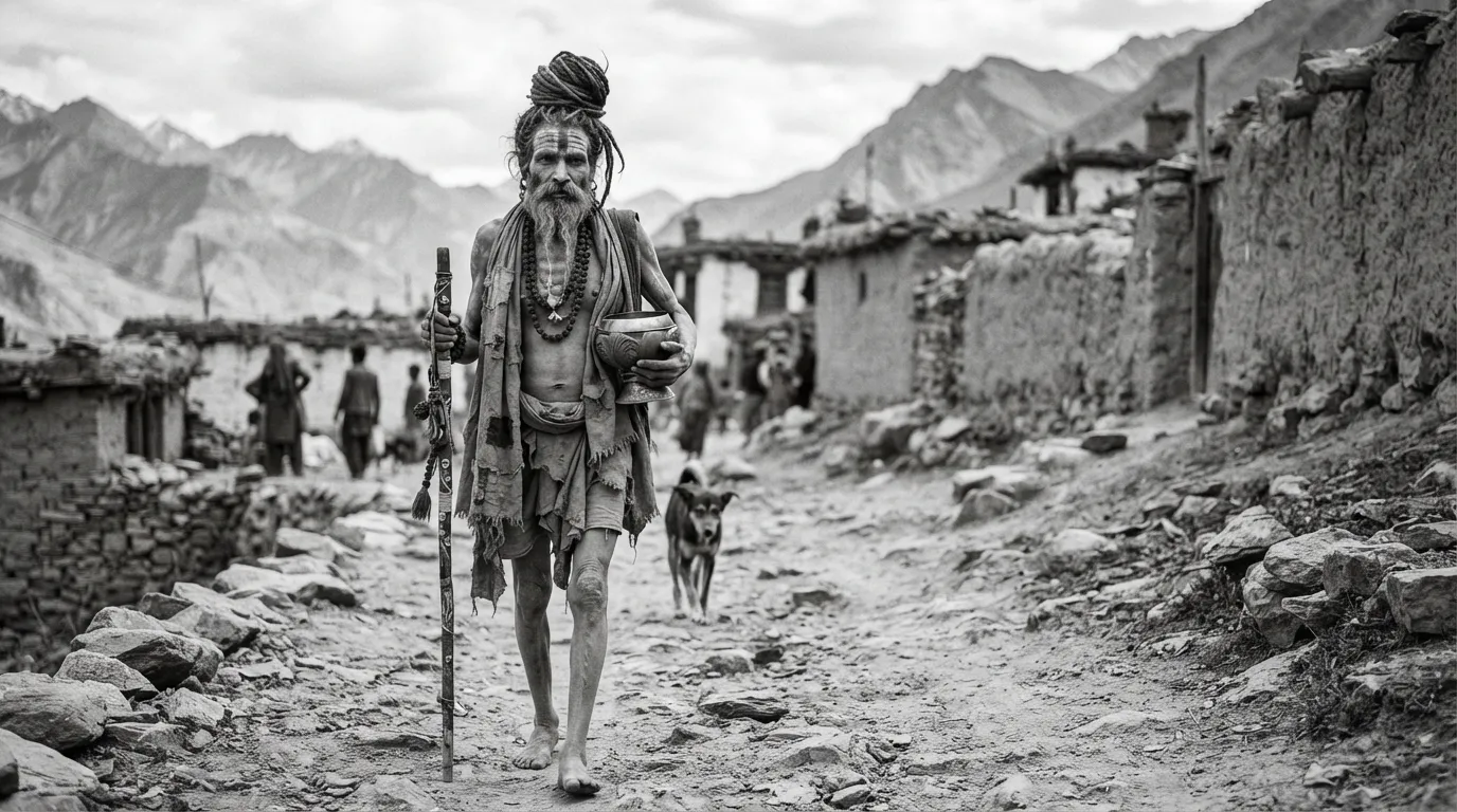 Atmospheric black and white photo of Lord Shiva as a simple, wandering ascetic in mountains.
