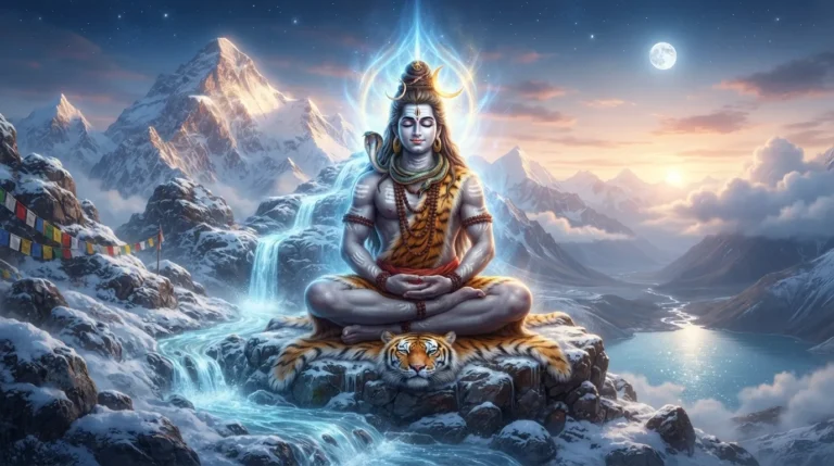 Lord Shiva Bholenath 3D photo meditating peacefully on Mount Kailash surrounded by snow.