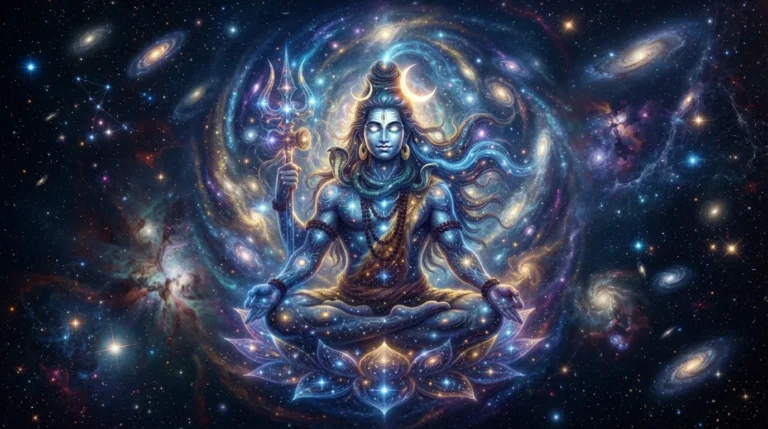 Ethereal Bholenath photo wallpaper with Lord Shiva glowing brightly within a divine cosmic aura and stars.