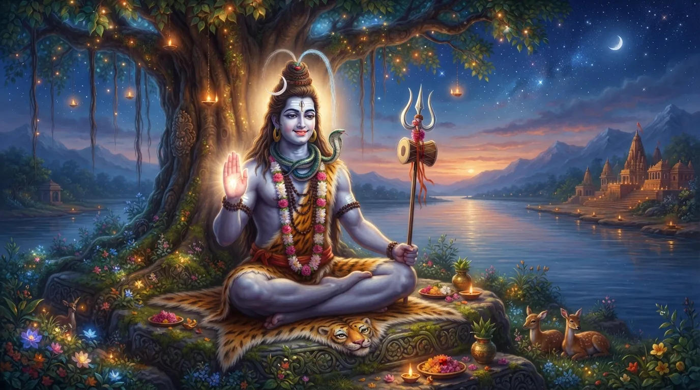 Peaceful Lord Shiva raising his hand in blessing posture under a banyan tree 4K.