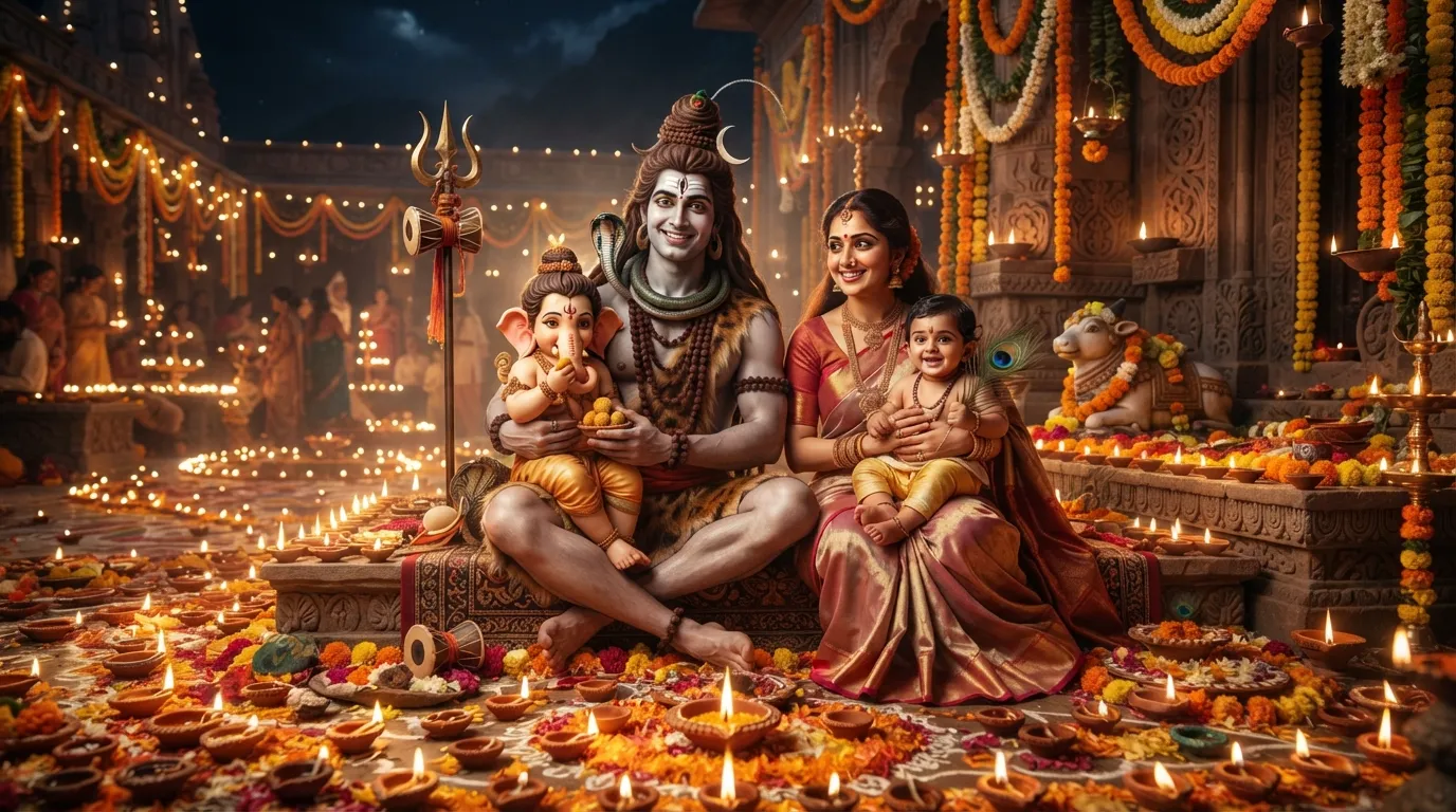 Shiva family surrounded by glowing oil lamps and festive decorations