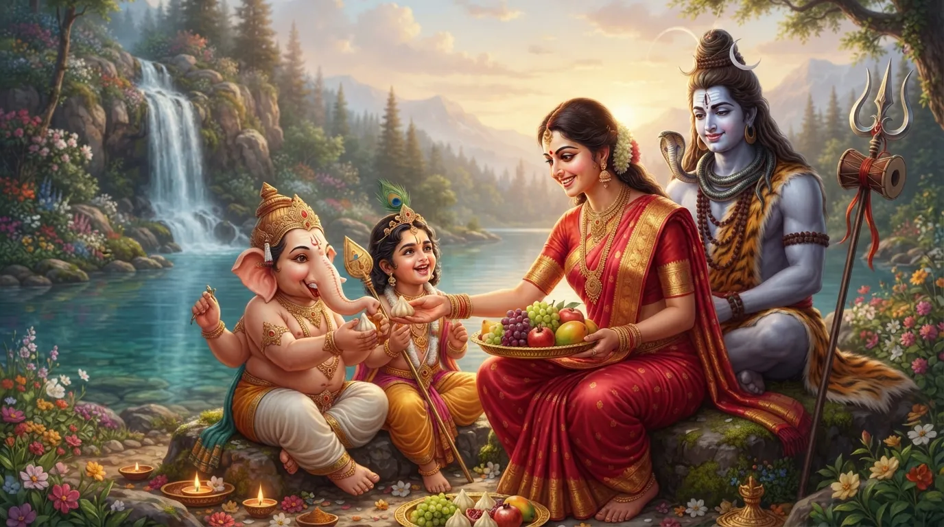 Lord Shiva, Parvati, Ganesha, and Kartikeya sharing fruits happily together