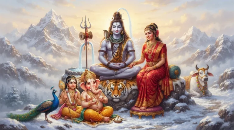 Lord Shiva, Goddess Parvati, Ganesha, and Kartikeya sitting peacefully on Mount Kailash