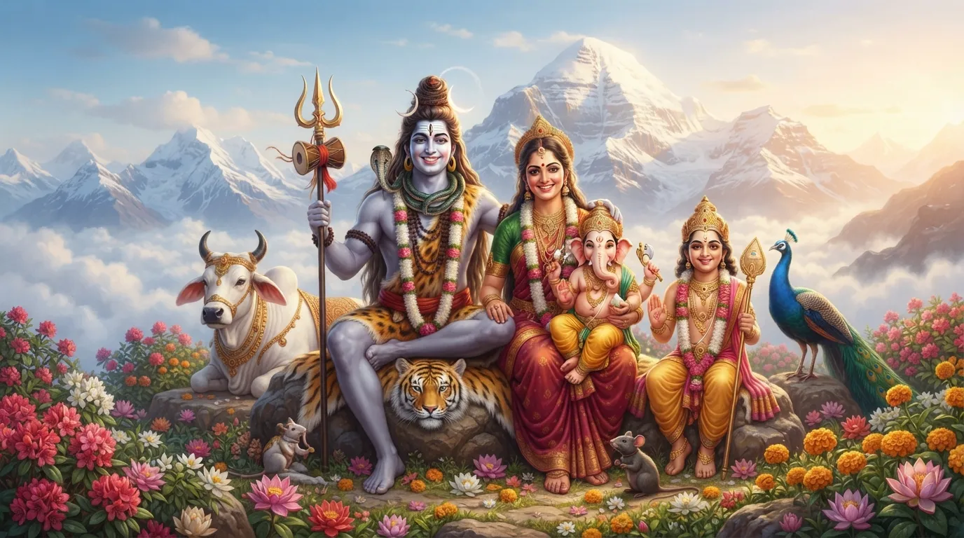 Complete Bholenath photo wallpaper of the Shiva Parivaar - Bholenath, Goddess Parvati, and sons Ganesha and Kartikeya.
