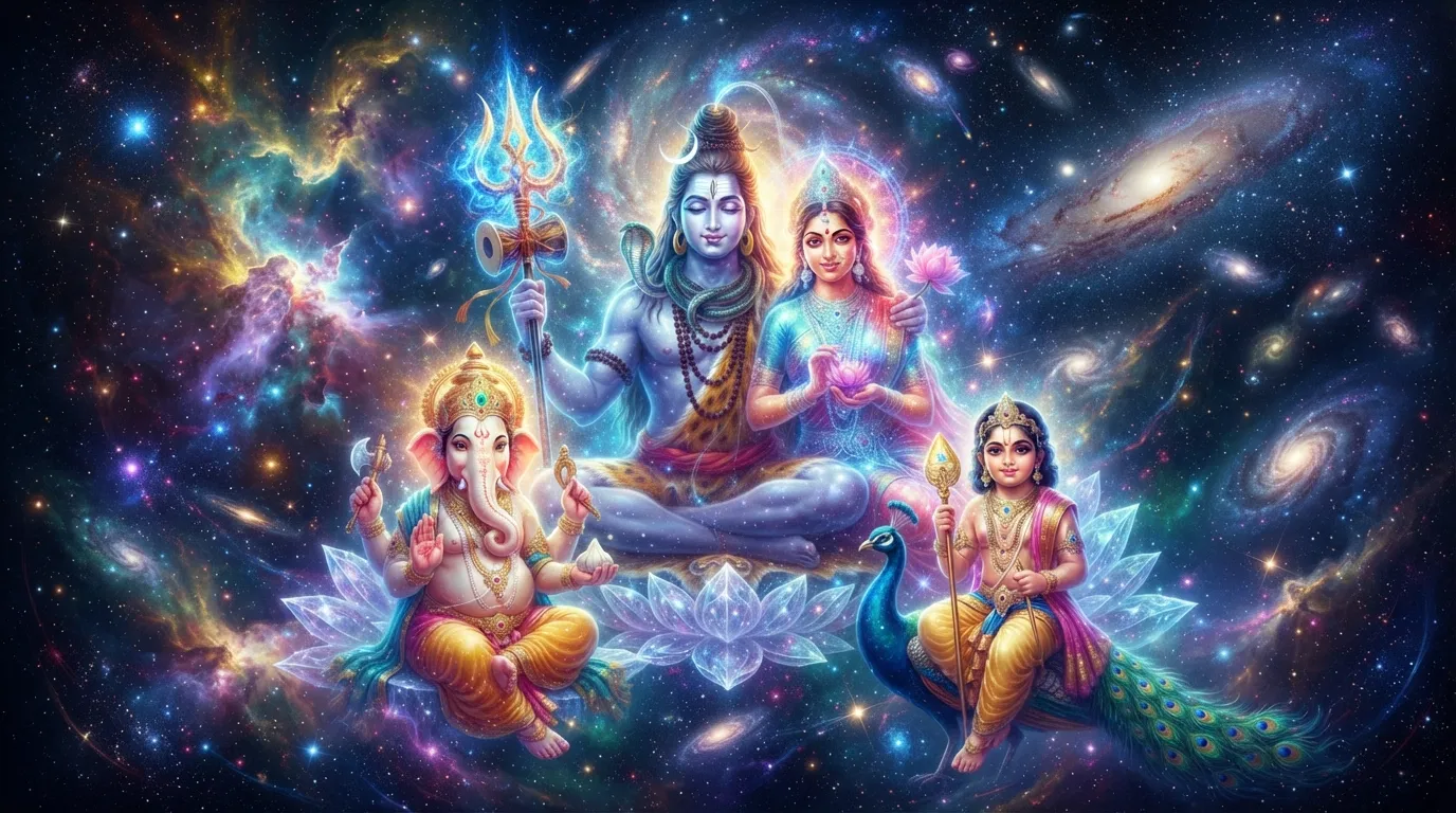 Lord Shiva family surrounded by stars, galaxies, and cosmic energy