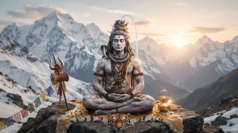 Lord Shiva meditating on a snow-capped Himalayan peak with a tranquil expression.