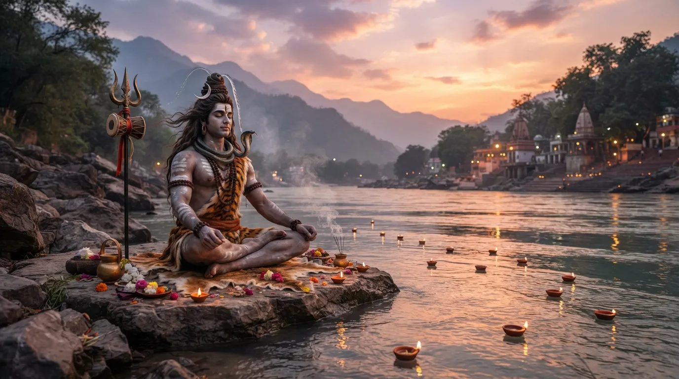 Peaceful Bholenath photo hd wallpaper sitting near the banks of river Ganga in Rishikesh.