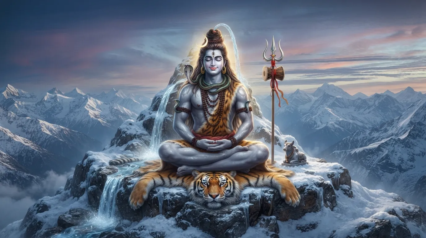 Bholenath photo wallpaper depicting Lord Shiva in deep meditation on a snow-covered Mount Kailash peak.